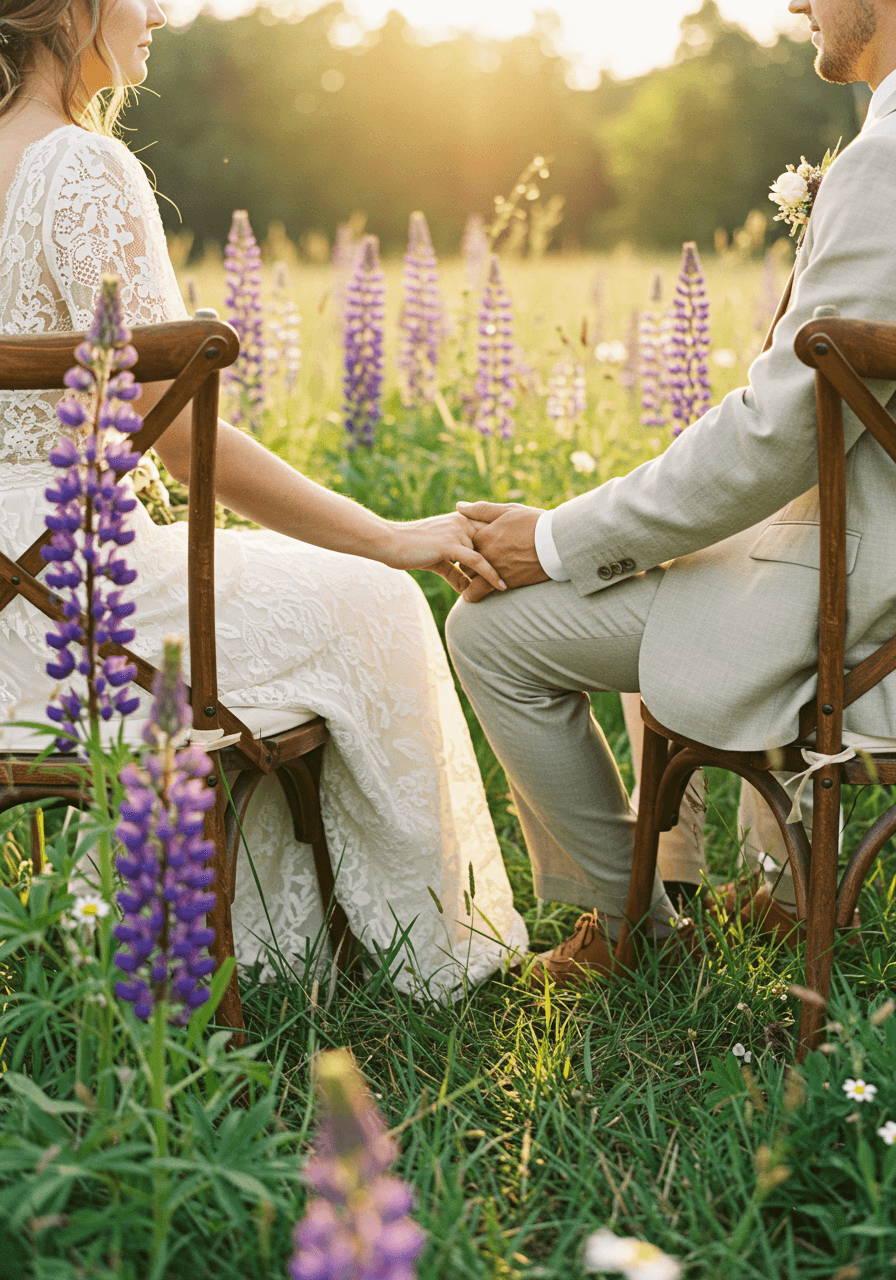 Close-up of couple's hands during outdoor ceremony surrounded by lupines and daisies in cottage garden