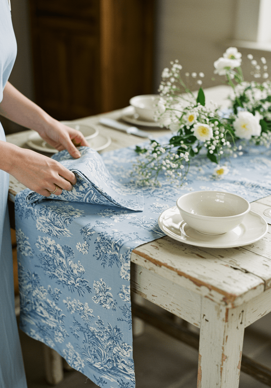 Wedding planner arranging soft blue toile table runners and white ceramic dinnerware on weathered farmhouse table
