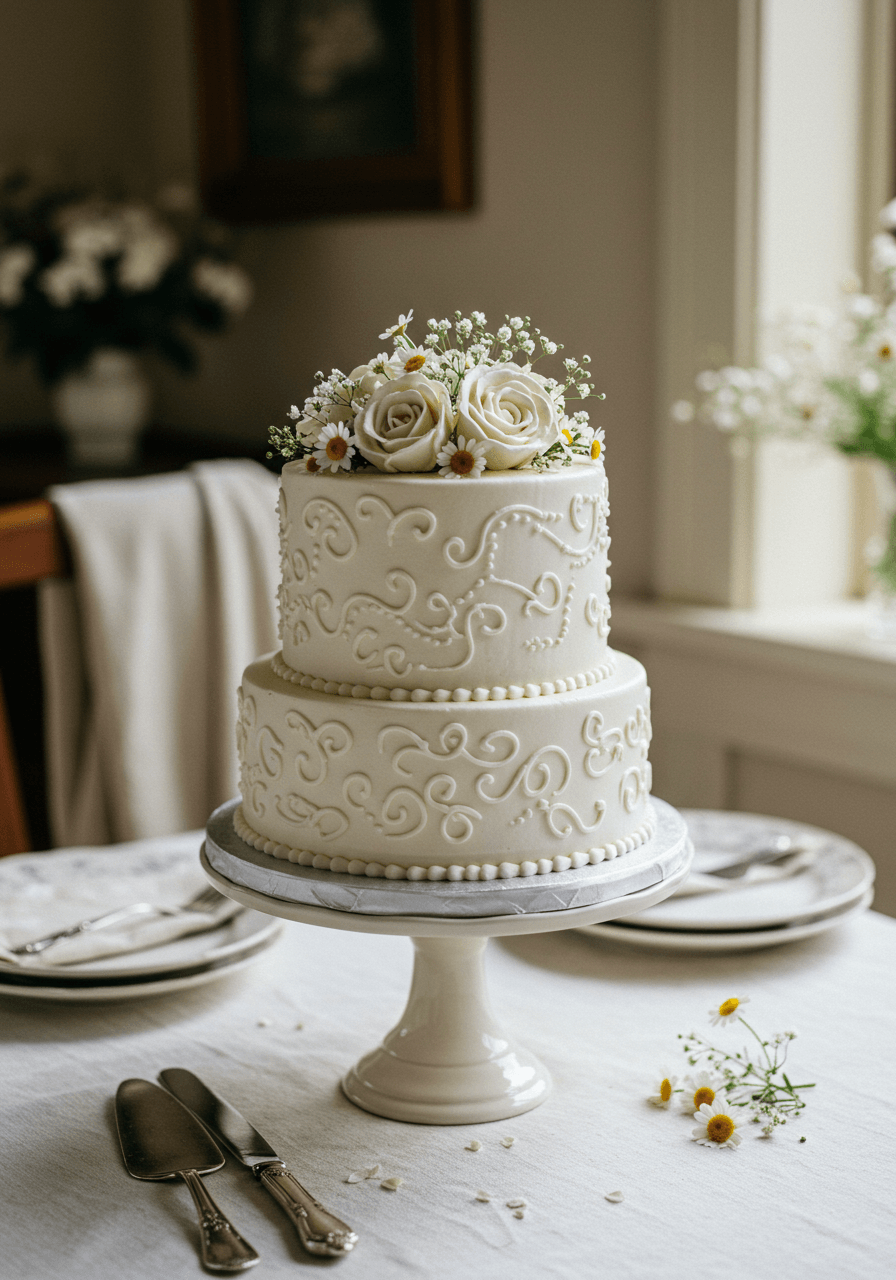 Close-up of wedding cake tier showing detailed sugar work and chamomile garnish on antique ceramic stand