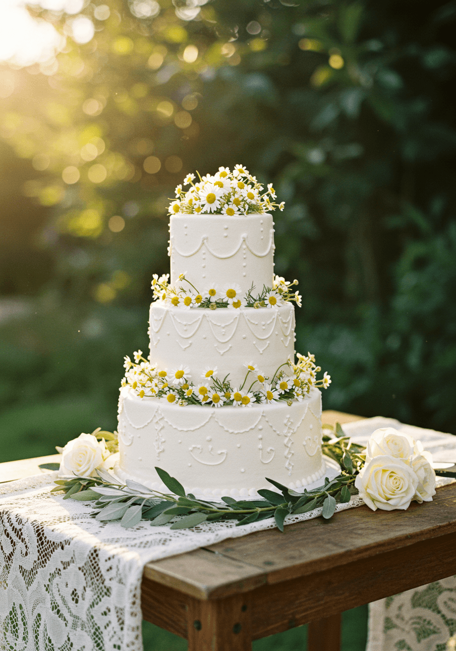 Three-tiered white Lambeth wedding cake with intricate royal icing piping and fresh chamomile flowers on rustic wooden table