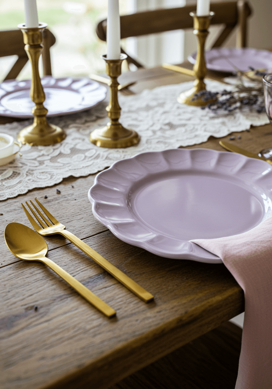 Close-up detail of lavender scalloped charger plate with gold flatware and pink napkin on rustic wooden farmhouse table