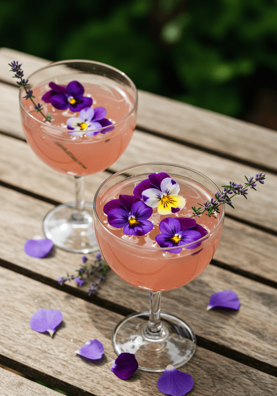 Two cocktail glasses with pink botanical drinks and floating purple pansies on rustic wooden table