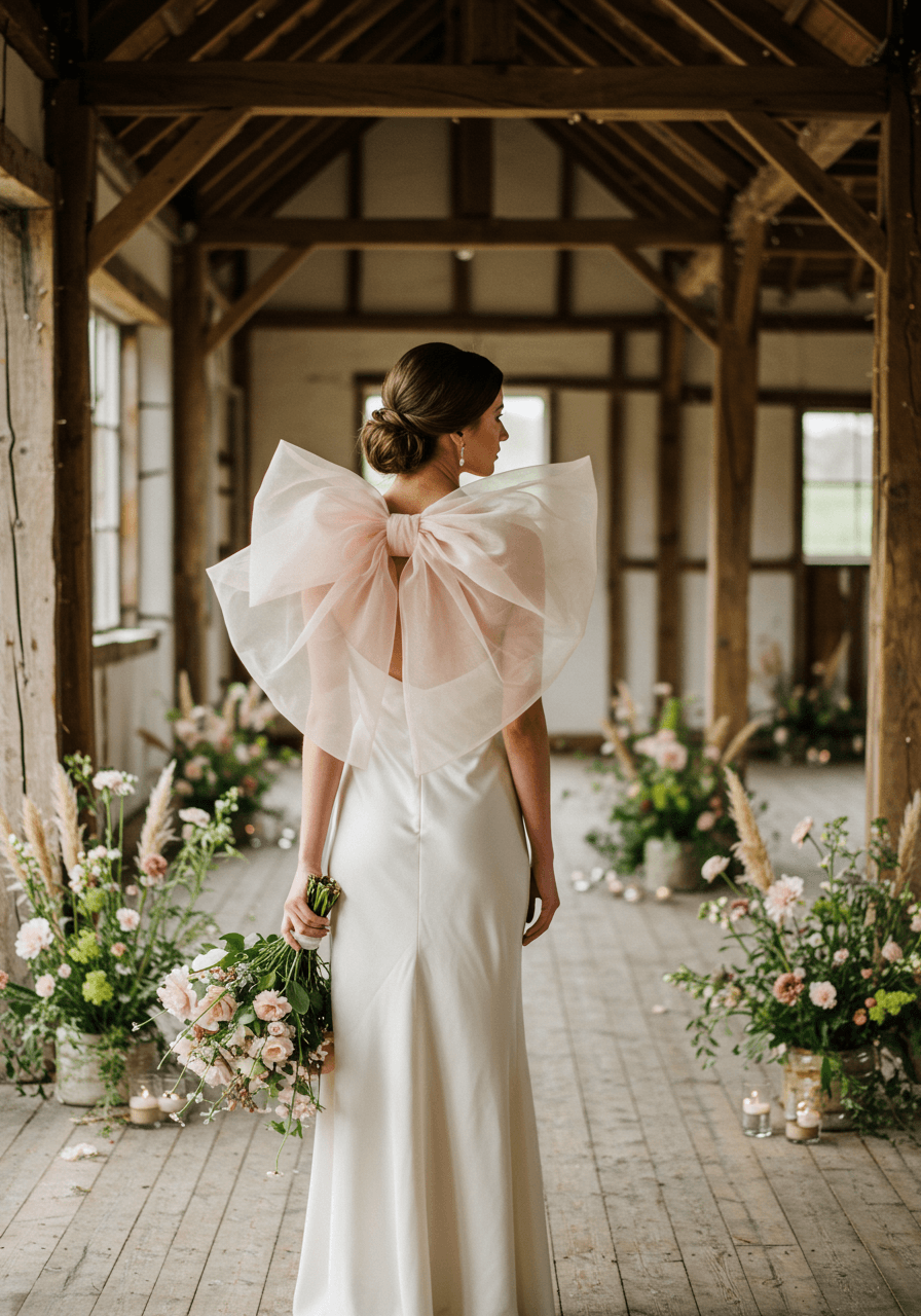 Bride in sleek silk slip dress with oversized tulle bows at shoulders in rustic barn venue with exposed wooden beams