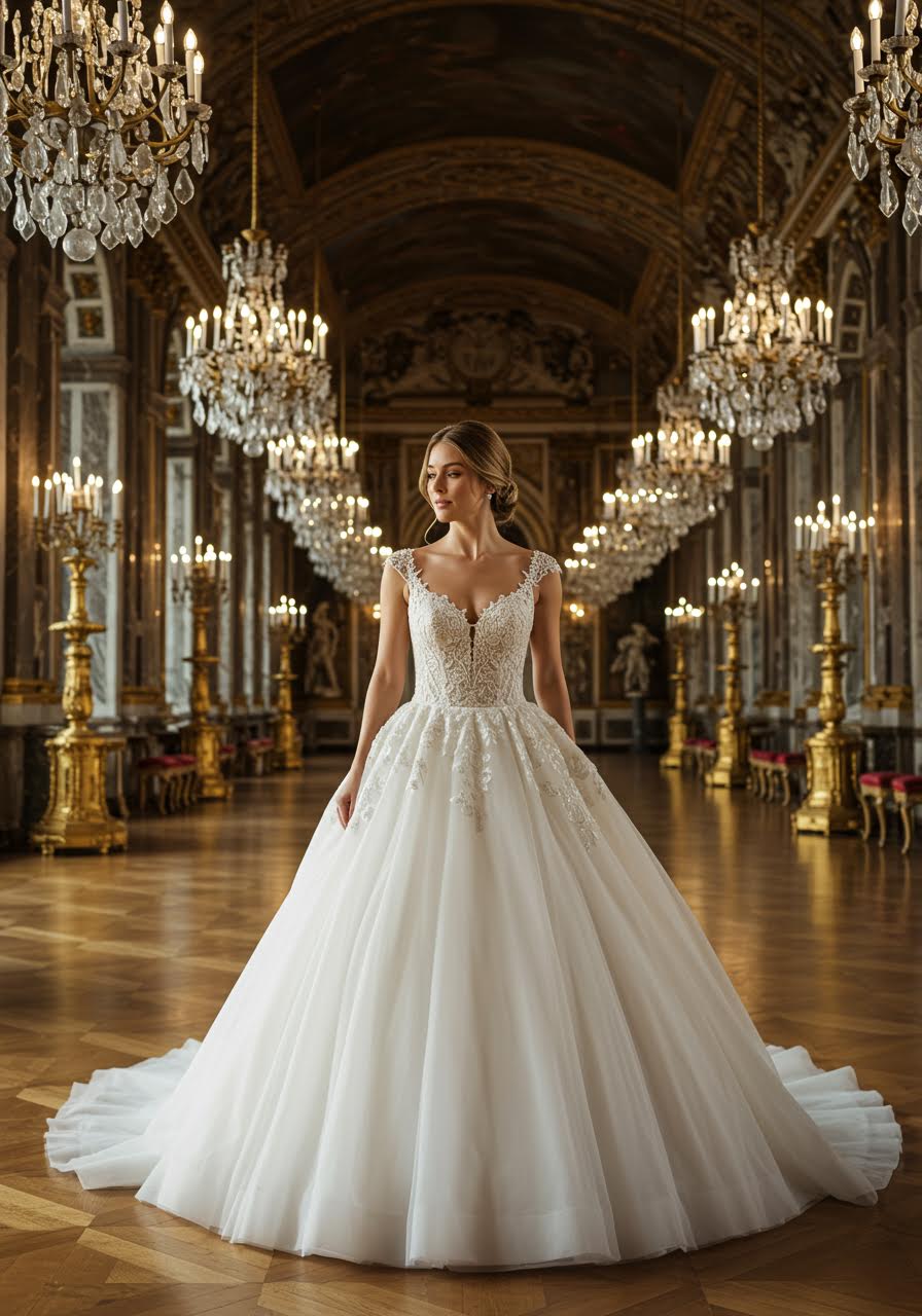 Princess ballgown with sweetheart neckline featuring delicate lace appliques and sparkling beadwork in ornate palace ballroom