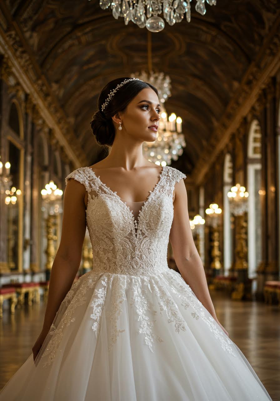 Wedding dress with fitted sweetheart bodice and flowing tulle skirt in crystal chandelier-lit ballroom with marble columns