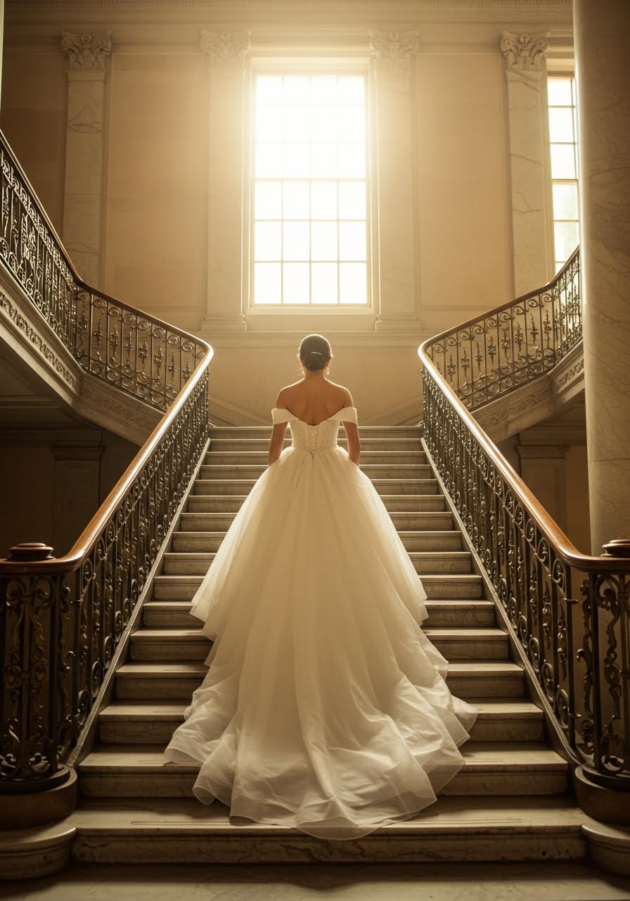 Bride in off-shoulder princess dress with sweetheart neckline descending grand marble staircase in elegant manor during golden hour