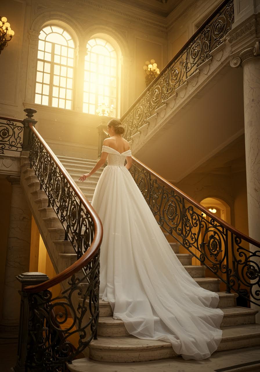 Princess wedding gown with flowing off-shoulder sleeves and cascading tulle train on ornate marble staircase with classical architecture