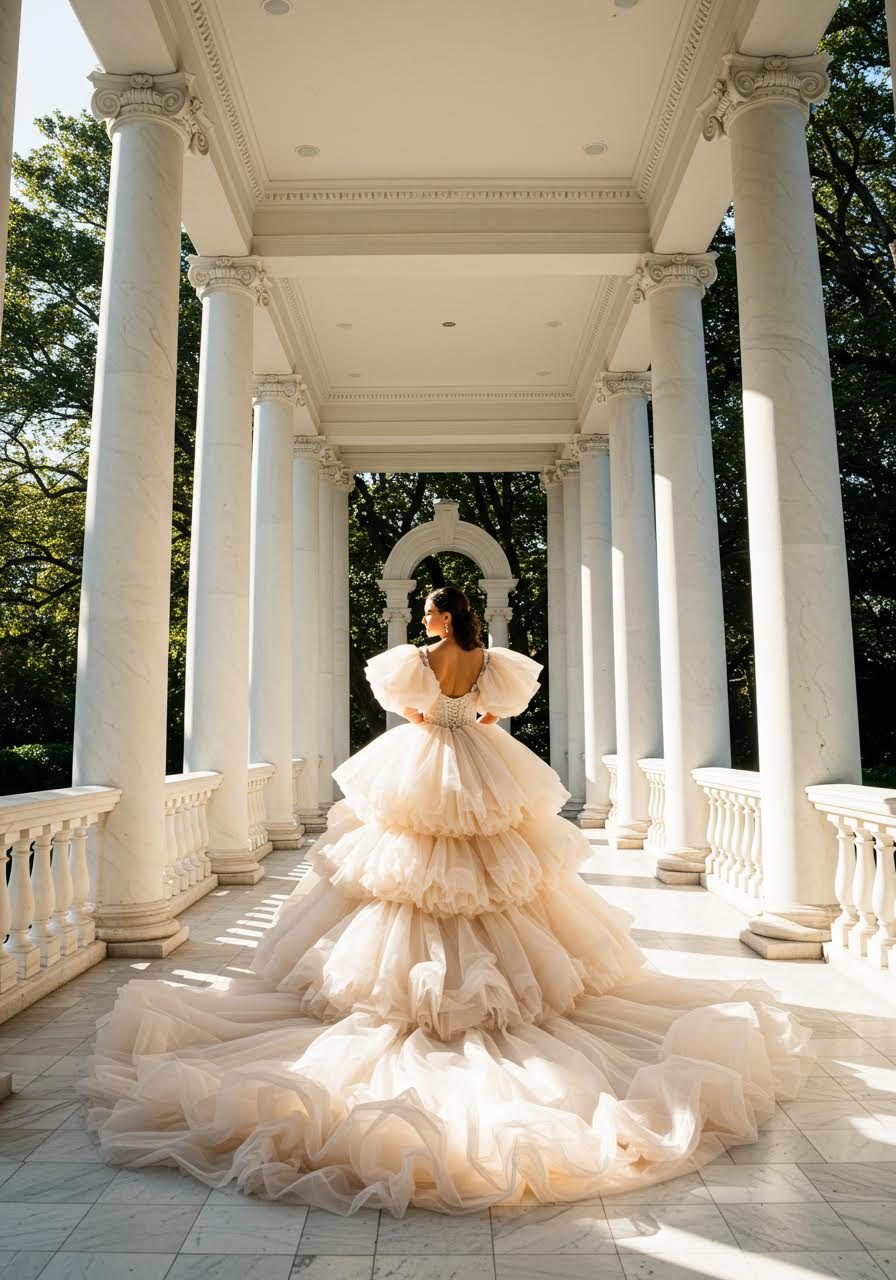 Princess wedding dress with multiple tulle layers creating dramatic volume in classical garden pavilion during golden hour