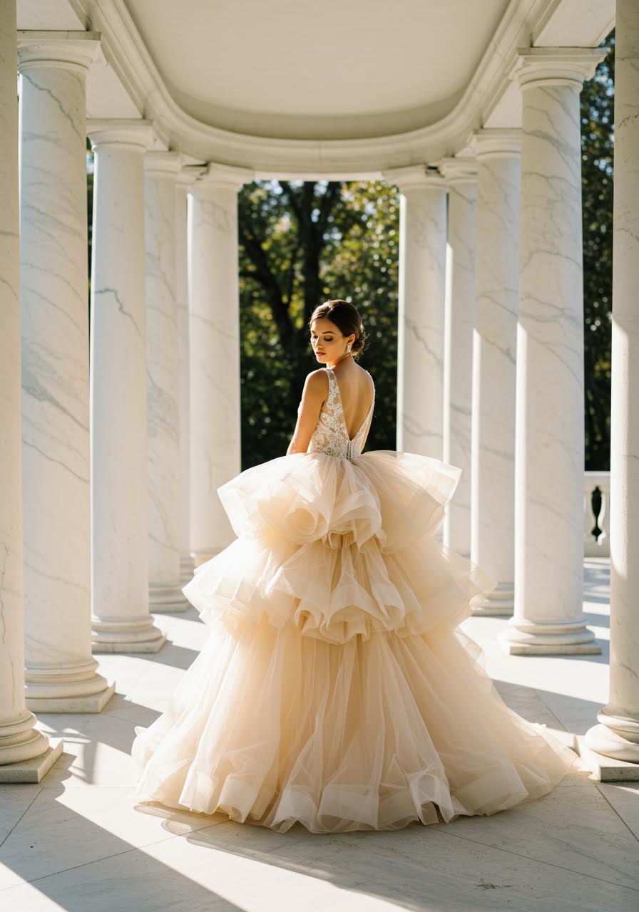 Bride in voluminous tiered tulle ballgown with fitted bodice standing in sunlit garden pavilion with white marble columns