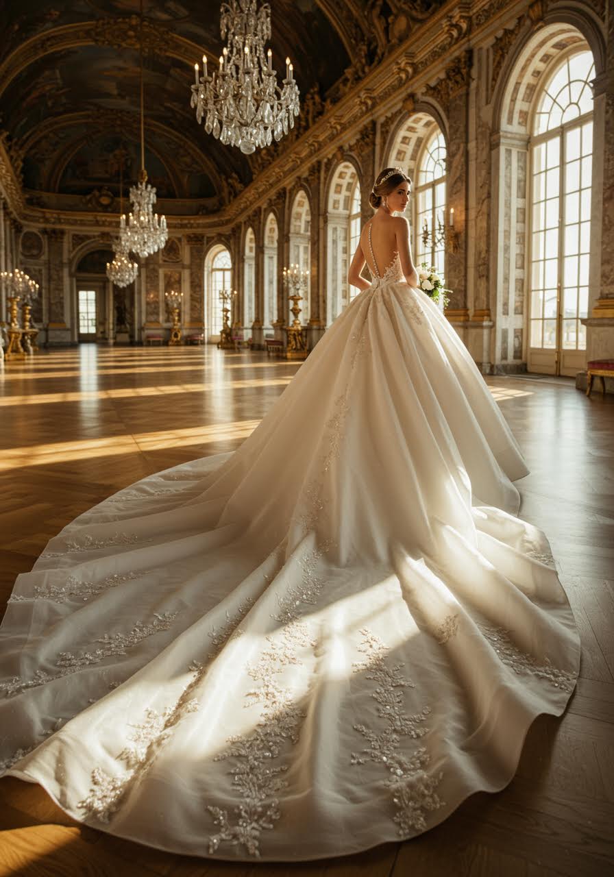 Princess ballgown with exceptionally long cathedral train flowing dramatically across polished marble floor in grand palace ballroom