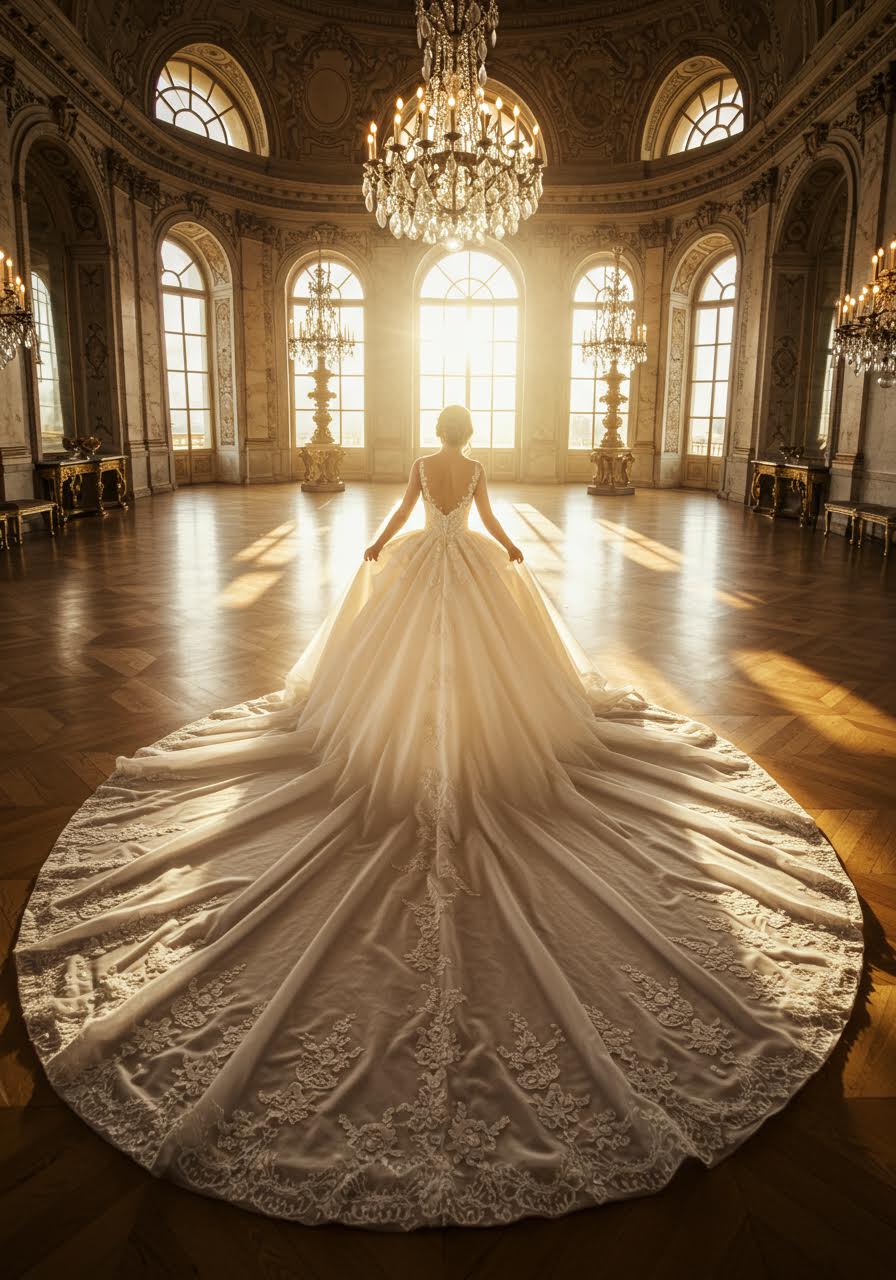 Ornate wedding dress with magnificent cathedral train spread across marble ballroom floor during golden hour sunlight