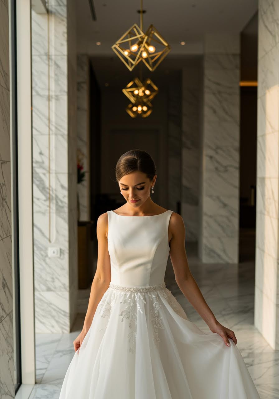 Modern wedding dress featuring geometric embellishments and architectural lines walking through marble hallway during golden hour