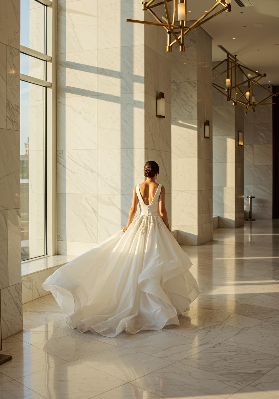 Contemporary princess gown with structured satin bodice and flowing organza skirt in sleek marble corridor with floor-to-ceiling windows