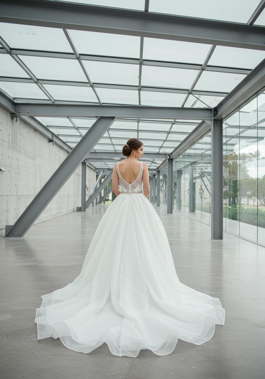 Bride in sleek modern princess wedding dress with fitted bodice and voluminous tulle skirt in minimalist glass atrium