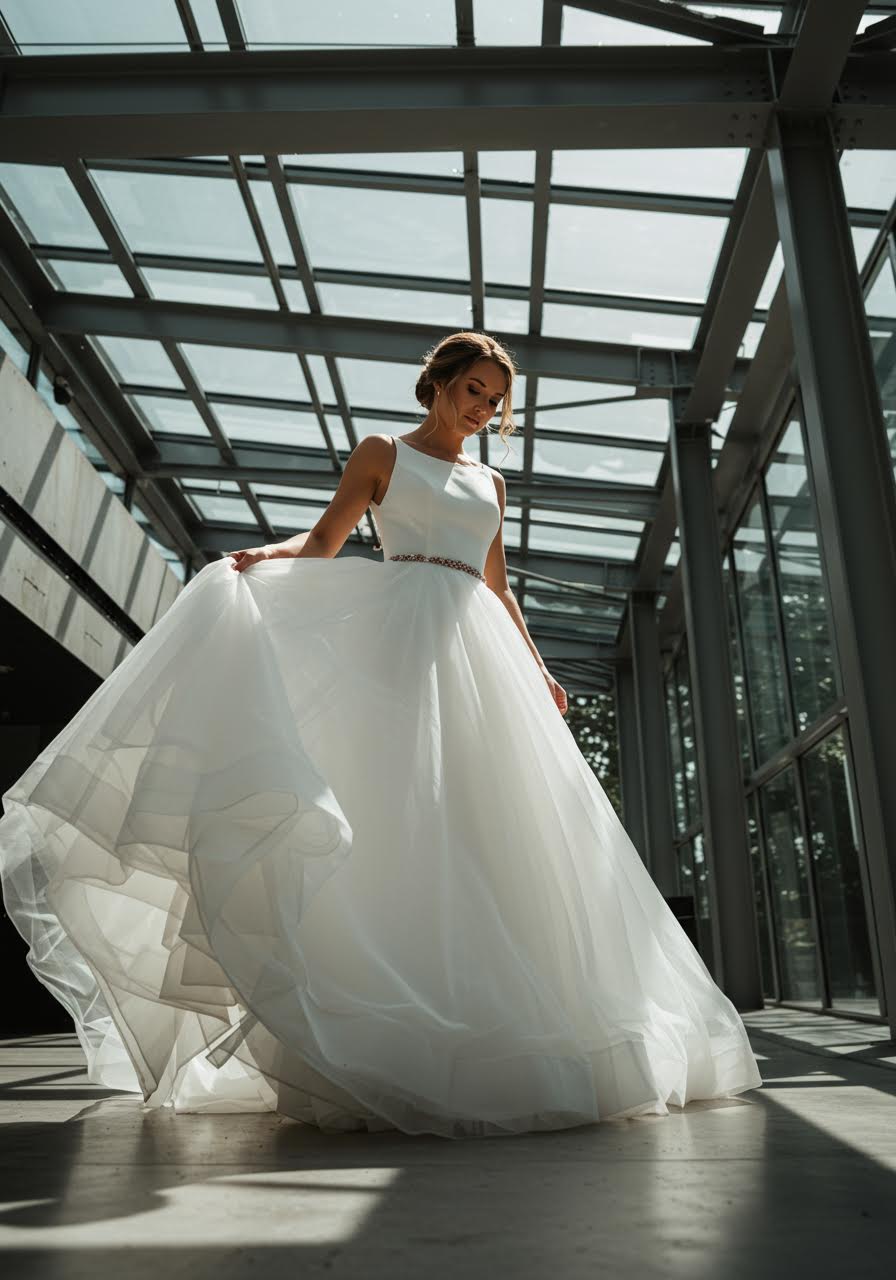 Contemporary princess gown with clean architectural lines and rose gold accents in glass and steel modern venue