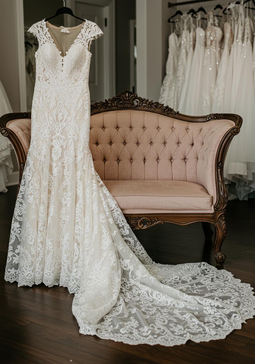 Fitted bodice and flowing skirt of wedding dress showing intricate French lace construction draped on vintage settee