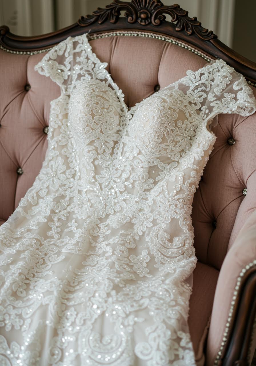 Close-up detail of princess wedding dress featuring elaborate Chantilly lace with scalloped edges and crystal beading in luxury bridal boutique