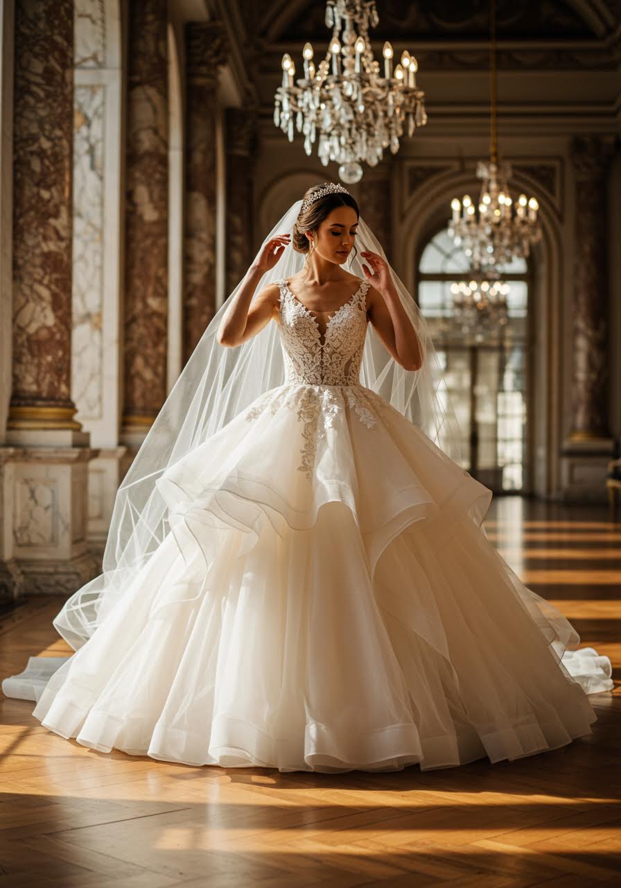 Princess wedding dress with fitted lace bodice and massive champagne tulle skirt in luxurious palace ballroom with crystal chandeliers