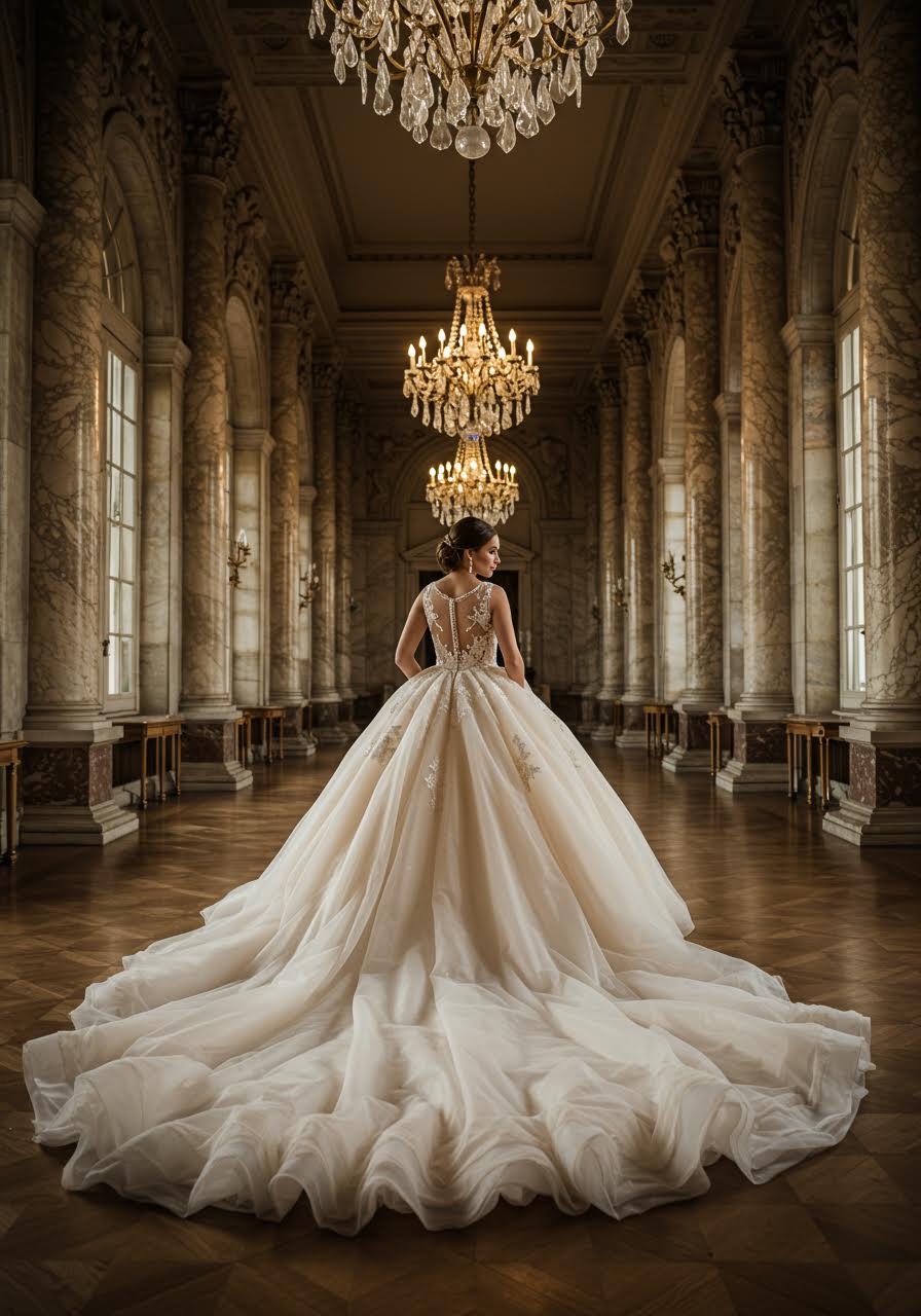Bride in dramatic ivory princess ballgown with voluminous tulle skirt standing in ornate palace ballroom with marble columns during golden hour