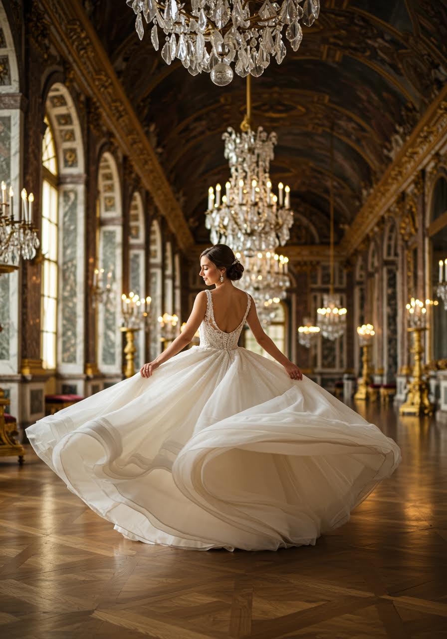 Bride spinning in dramatic ballgown with enormous multi-layered skirt in ornate palace ballroom with crystal chandeliers during golden hour