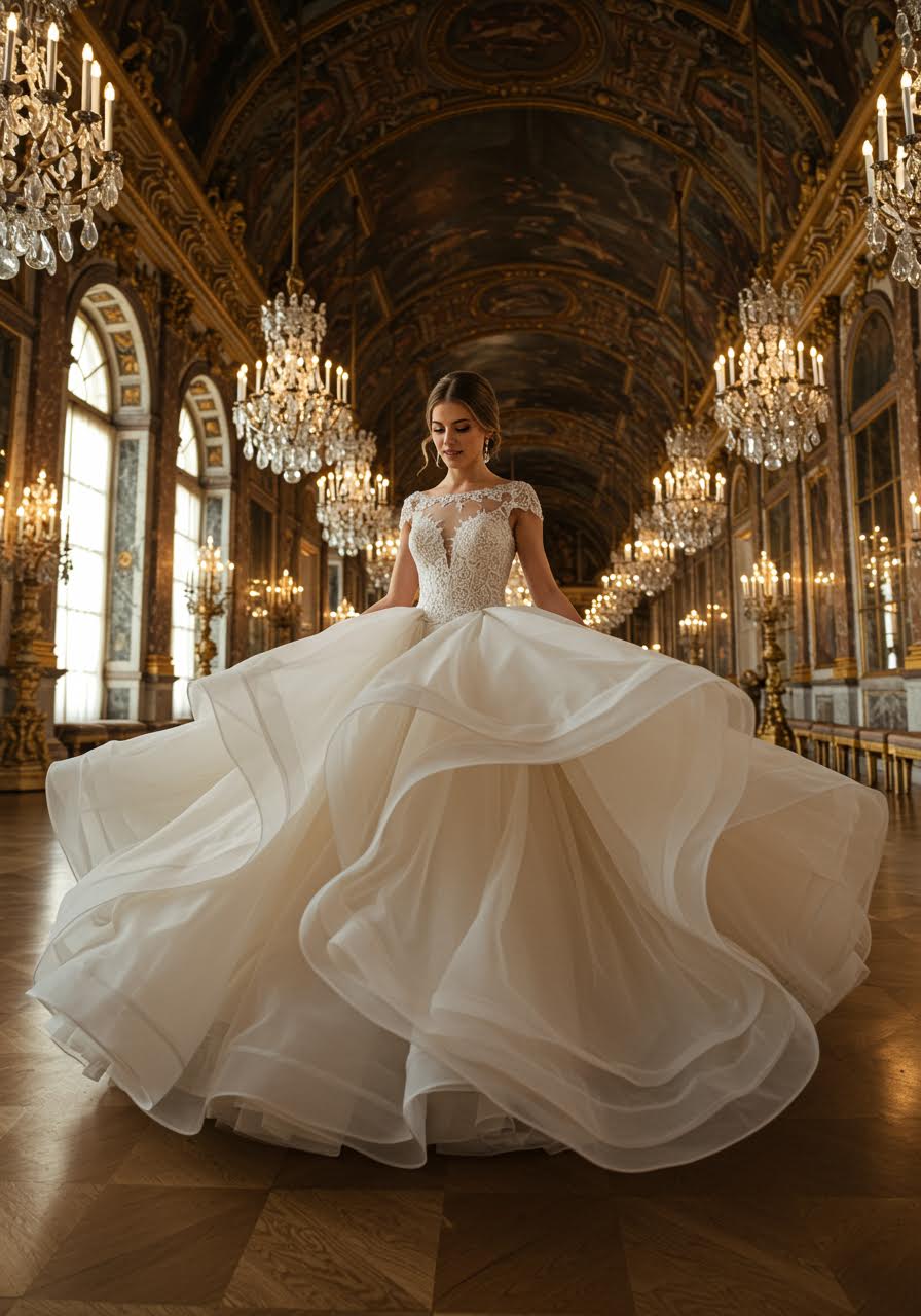 Princess wedding dress with massive voluminous skirt creating dramatic motion in crystal chandelier-lit palace ballroom