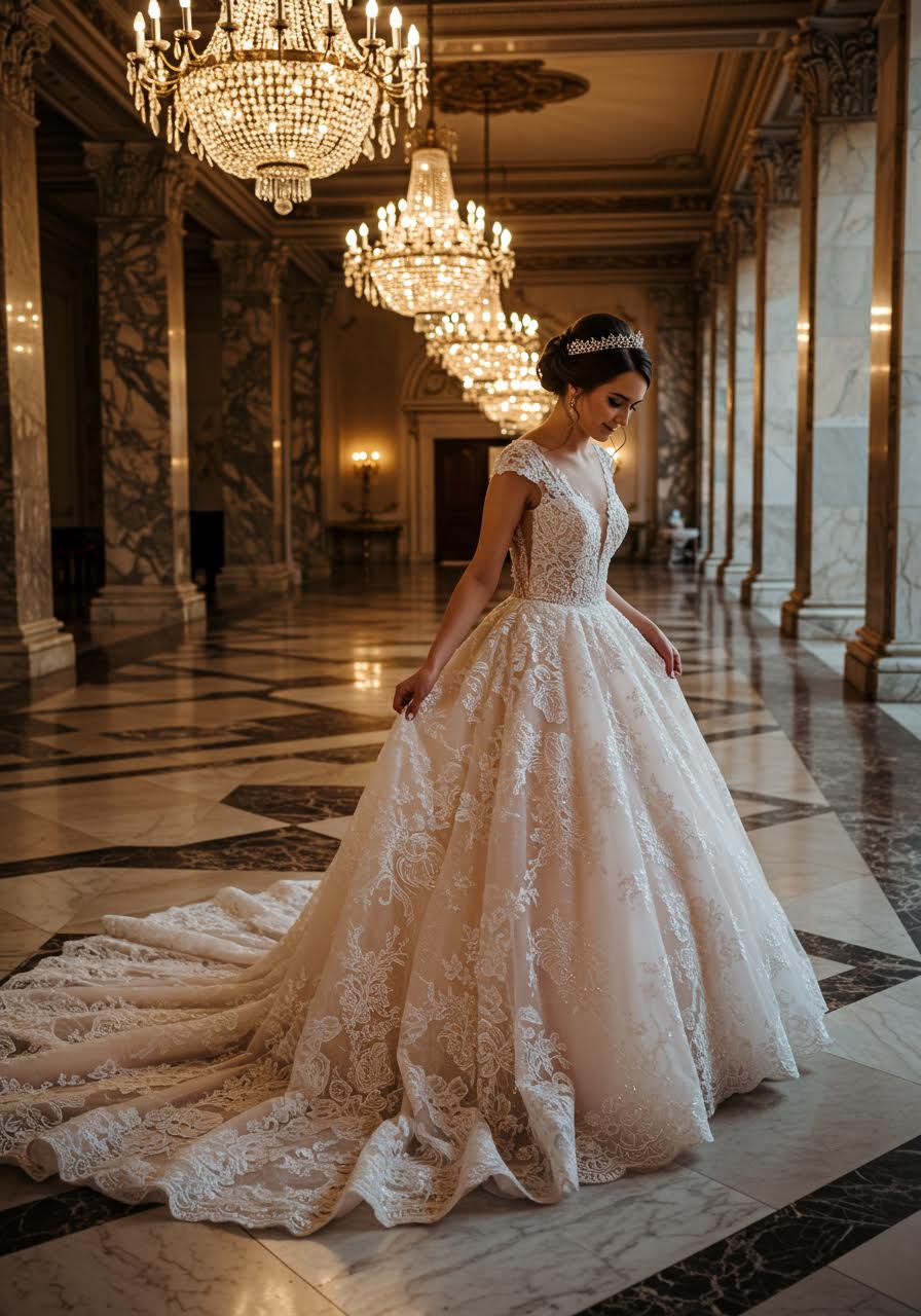 Ornate wedding dress featuring Chantilly lace with silver threading and crystal beading in luxury ballroom setting