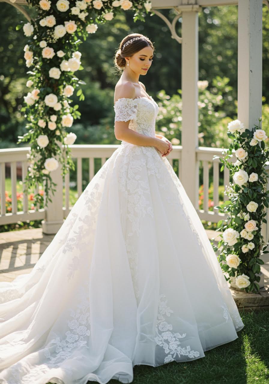 Princess ballgown with delicate off-shoulder lace sleeves and dramatic tulle skirt in sunlit garden pavilion setting