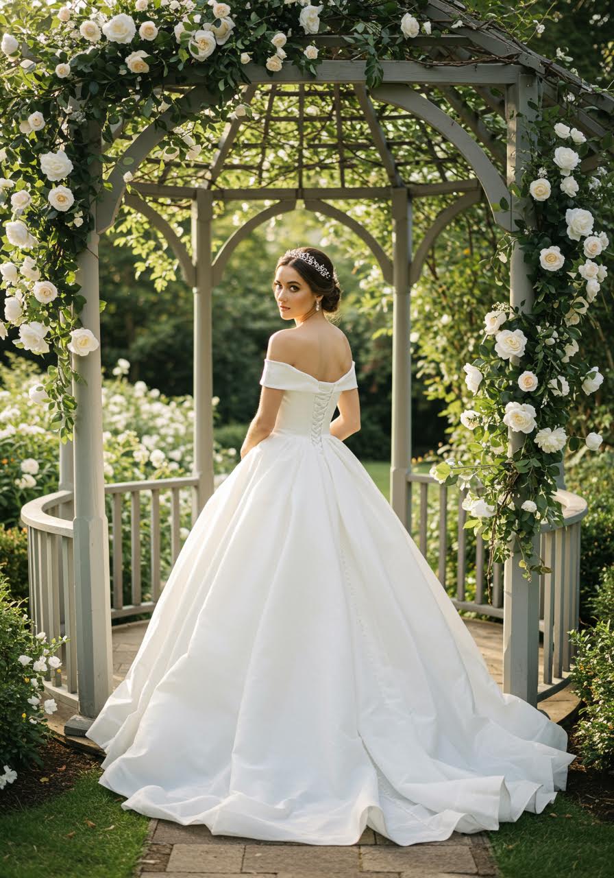 Bride wearing off-shoulder princess wedding dress with fitted bodice and voluminous ballgown skirt in romantic garden gazebo