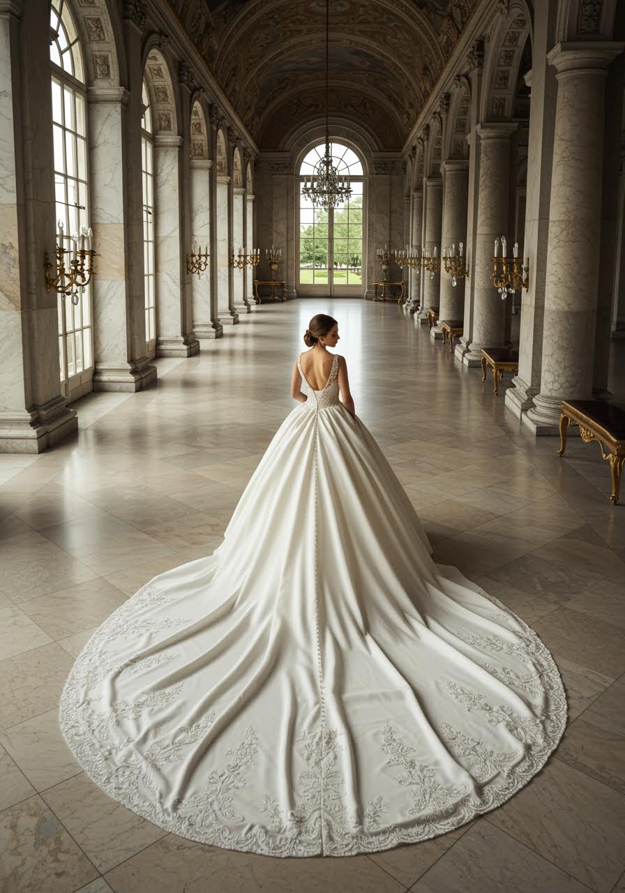 Ivory silk princess ballgown with extraordinary cathedral train featuring hand-sewn embroidery in ornate palace corridor