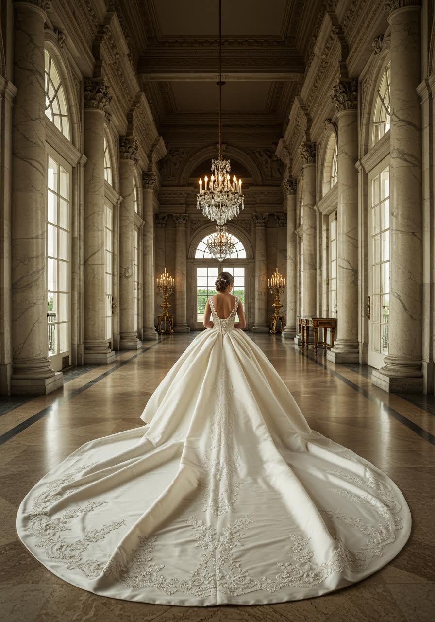 Bride walking through Renaissance palace marble corridors with magnificent twenty-foot cathedral train flowing behind