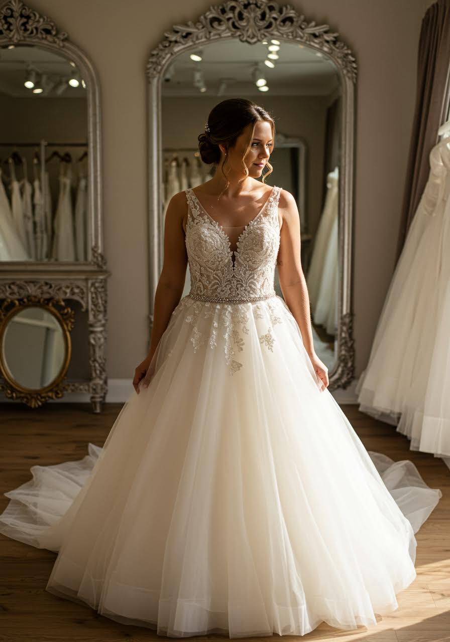 Princess ballgown with intricately beaded crystal and pearl bodice in sunlit luxury bridal boutique with elegant mirrors