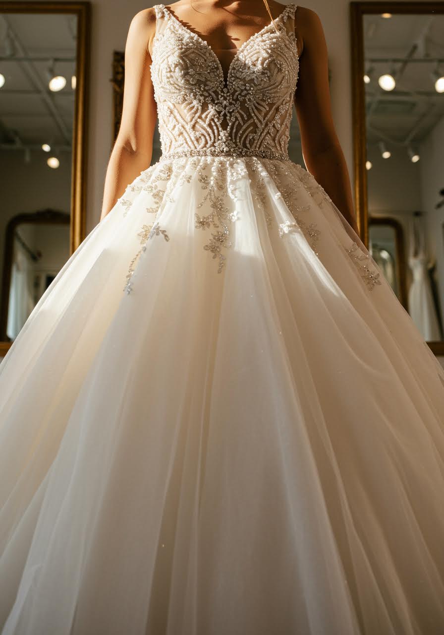 Wedding dress featuring sparkling sweetheart bodice with flowing tulle skirt displayed in upscale bridal salon during golden hour