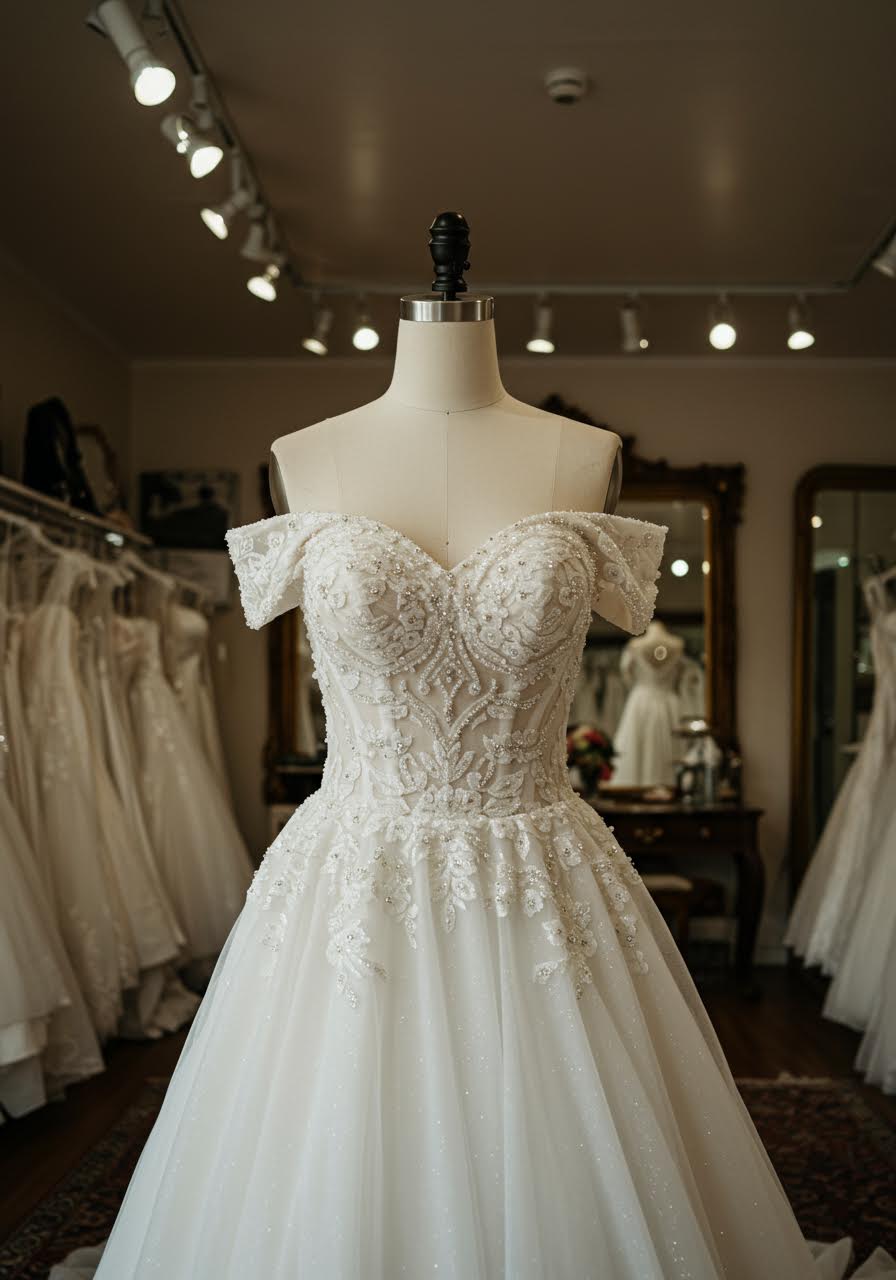 Princess wedding dress sweetheart bodice featuring crystal beadwork and romantic sleeve details in luxury bridal boutique setting