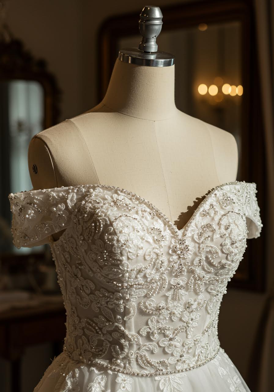 Close-up detail of sweetheart neckline bodice with intricate beading and delicate off-shoulder sleeves on vintage velvet mannequin