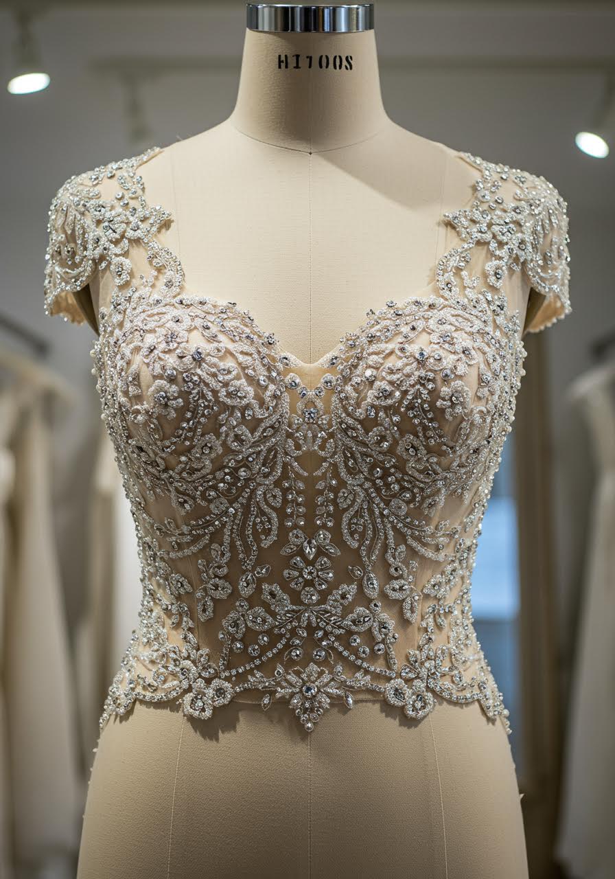Macro view of hand-sewn seed pearls and Swarovski crystals creating ornate beadwork patterns on champagne silk wedding dress bodice