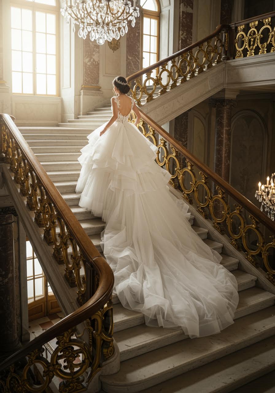 Pure white tulle ballgown with maximum volume creating circular motion on ornate palace staircase with gold balustrades