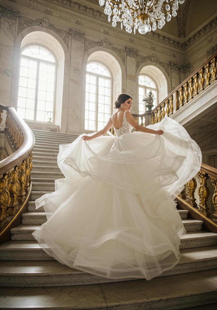 Bride in dramatic multi-tiered tulle princess dress twirling on grand marble staircase in opulent palace interior