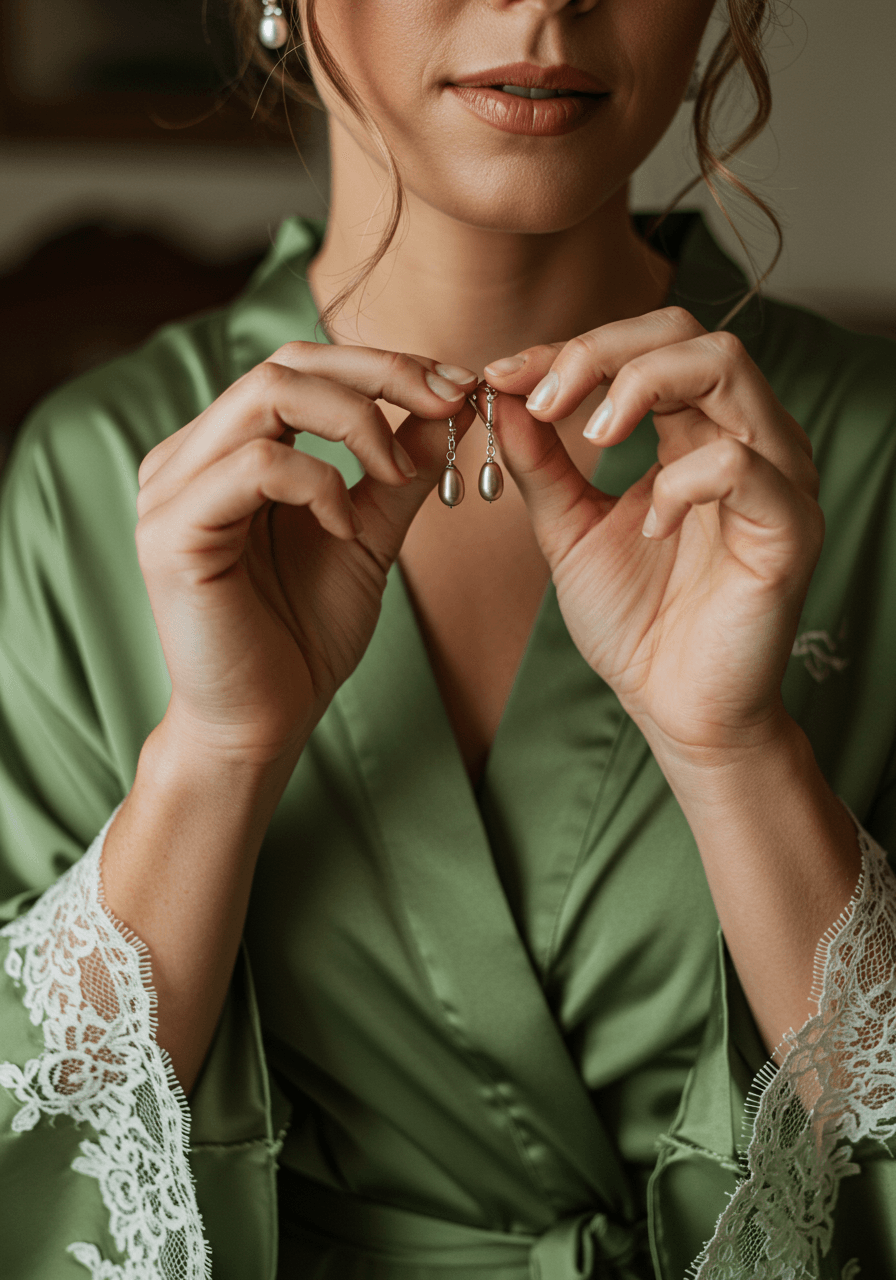 Close-up of bride fastening dusty rose pearl drop earrings while wearing olive green silk robe