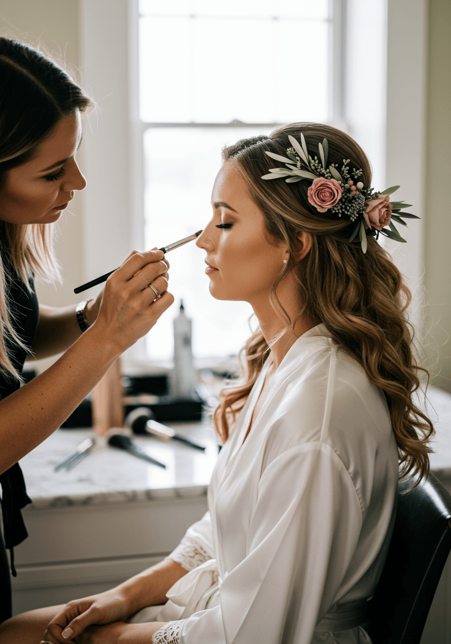 Bride having makeup applied while wearing delicate floral hair piece in bright bridal suite during morning light