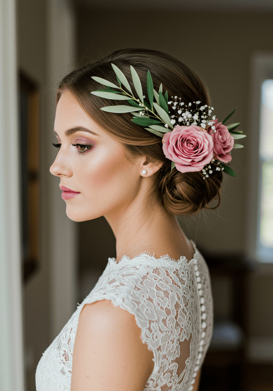 Bride with romantic updo featuring fresh dusty rose roses and olive green eucalyptus sprigs in sunlit bridal suite
