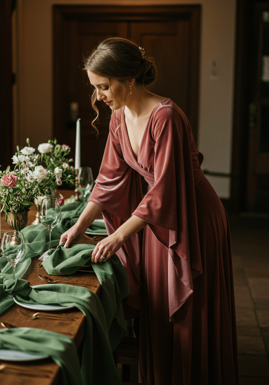 Bride preparing table settings with contrasting velvet and linen textures in elegant indoor venue