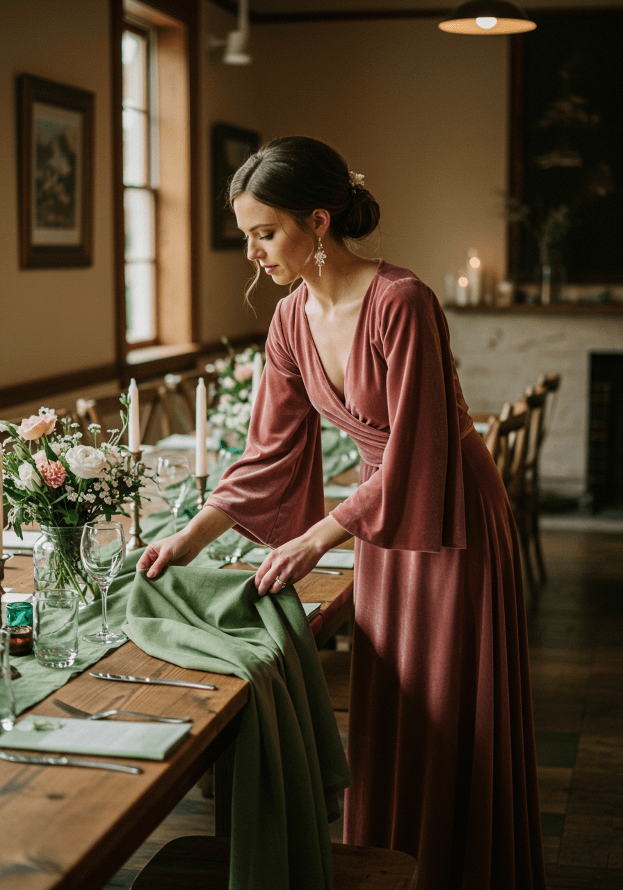 Bride in dusty rose velvet dress arranging olive green linen napkins on reception table
