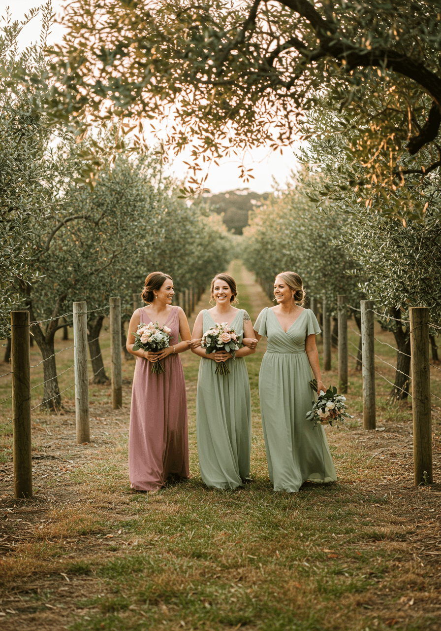 Three bridesmaids in coordinated dusty rose and sage green dresses walking arm-in-arm through vineyard pathway