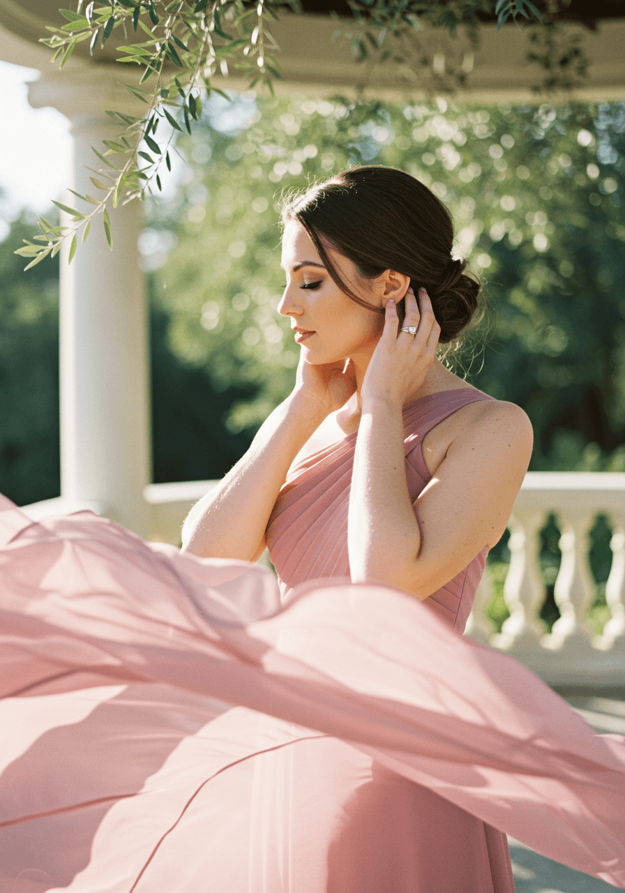 Portrait of bridesmaid in dusty rose dress among white stone columns and natural garden setting