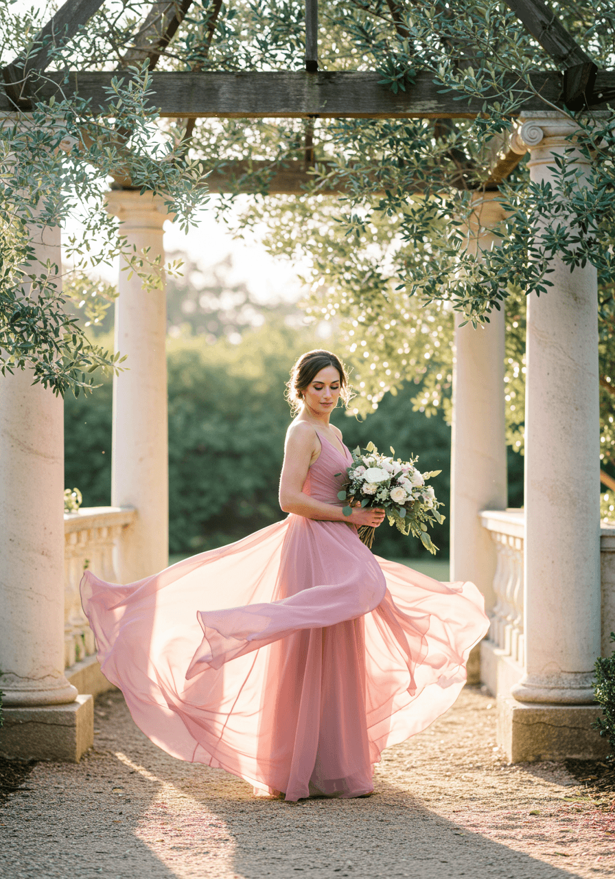 Bridesmaid in flowing dusty rose chiffon dress standing in sunlit garden pavilion with olive green foliage