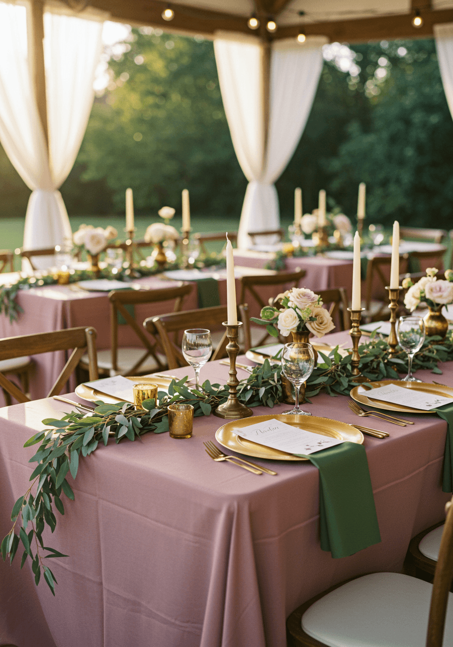 Elegantly set wedding reception table with dusty rose linens and gold charger plates in outdoor garden pavilion