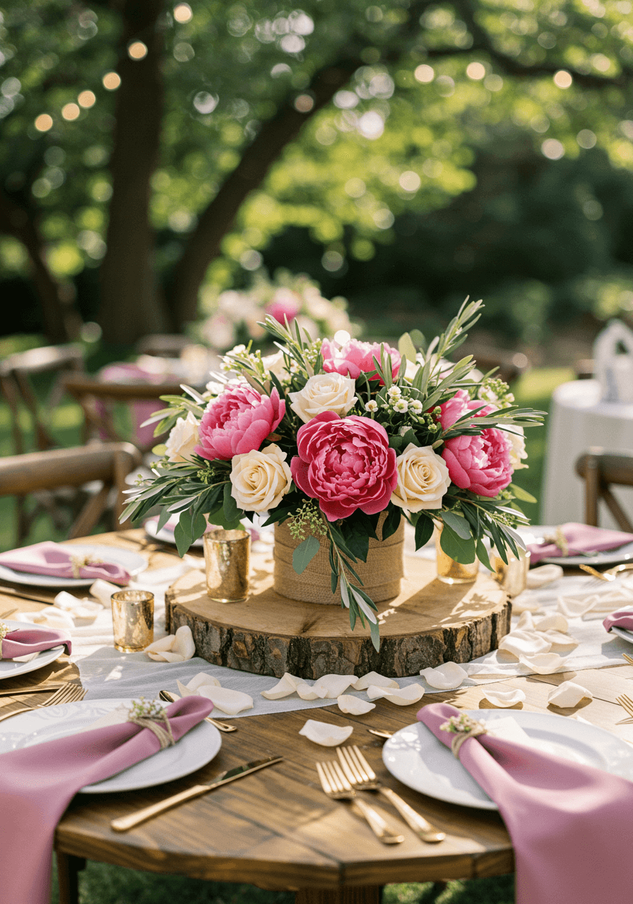 Round centerpiece with dusty rose peonies and eucalyptus in burlap-wrapped vase on wooden table