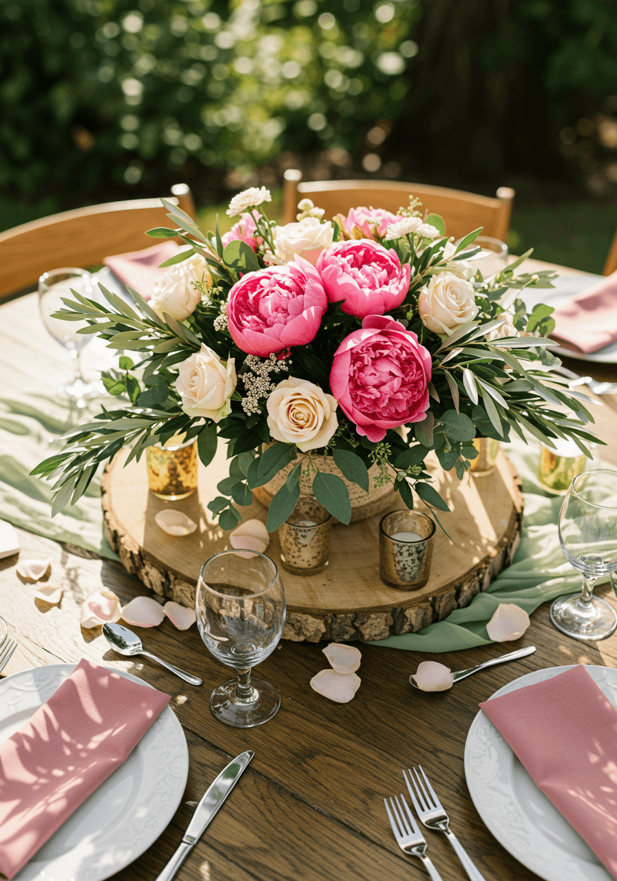 Overhead view of garden-inspired centerpiece with scattered rose petals on rustic wood grain table