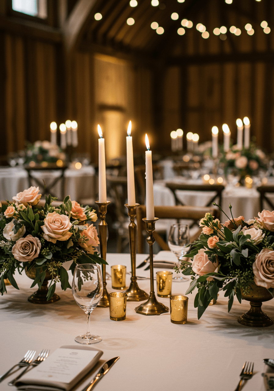 Elegant barn tablescape with varying height candles surrounded by dusty rose and olive green florals