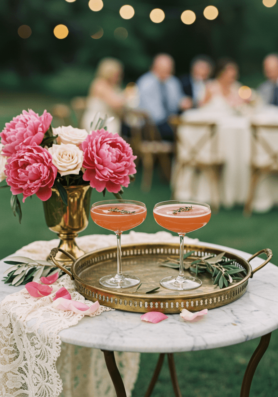 Signature cocktails on vintage brass tray surrounded by dusty rose peonies and eucalyptus on marble table